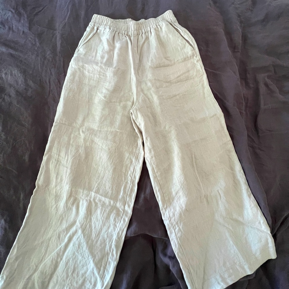 100% linen wide leg, elastic waist, cropped pants